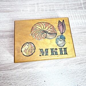 Vintage Wood Jewelry Box Nautilus Shell Hinged Trinket Coastal Sea Life Décor